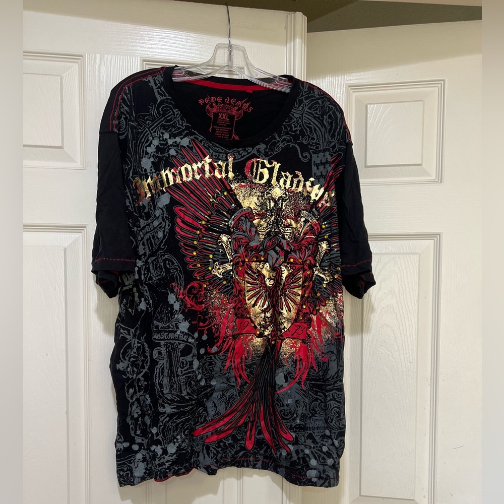 Pepe Jeans red gold graphic t-shirt winged figure Y2k size XXL biker street